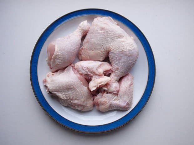 Raw chicken pieces for Chicken, Leek and Barley Stew 