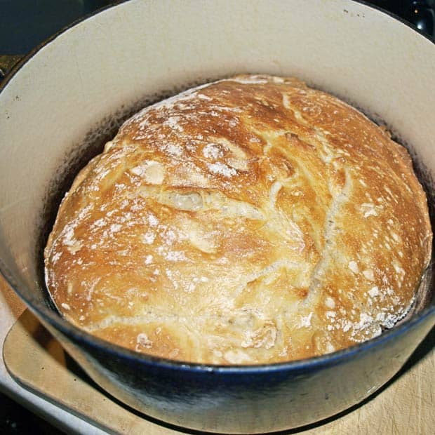 Baked no-knead bread in cast iron pot