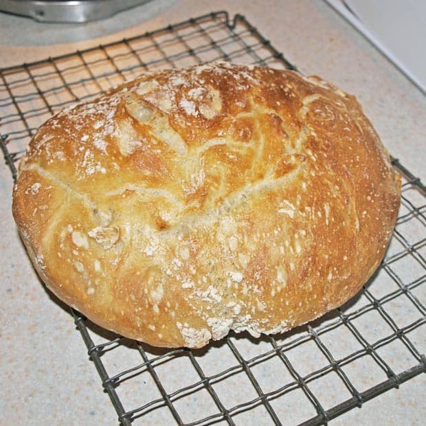 Cool No Knead bread on cooling rack
