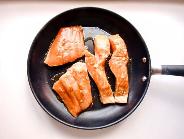 Fry the salmon skin down for Honey Balsamic Glazed Salmon
