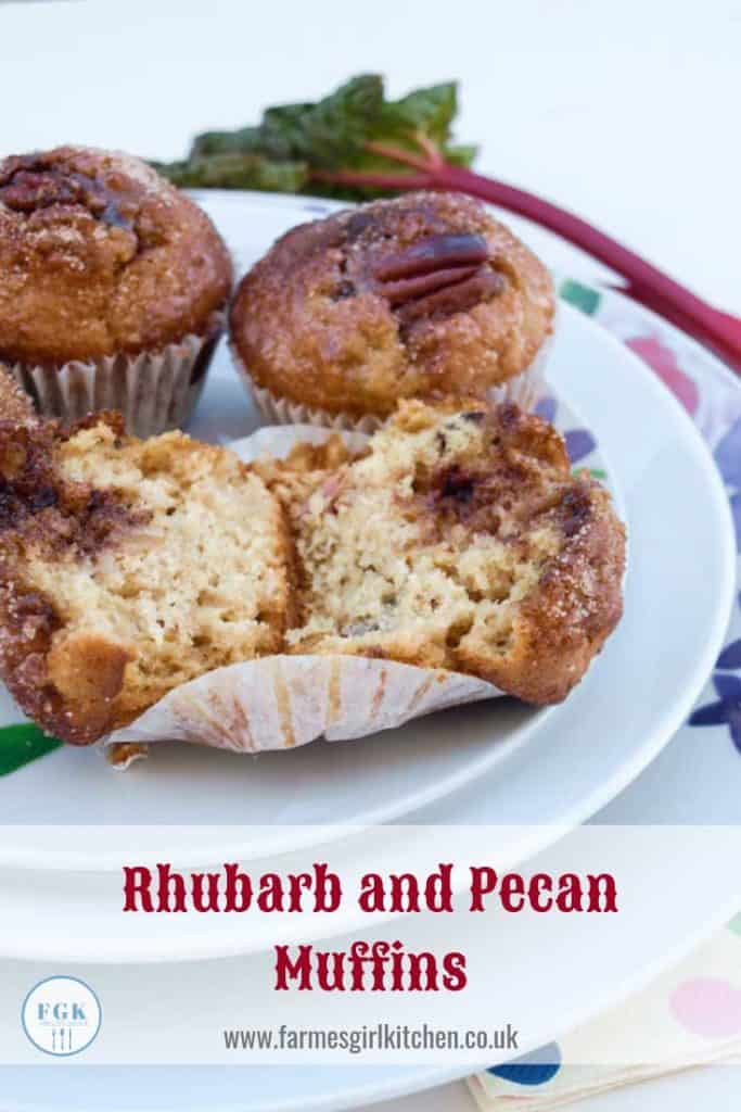 Plate of Rhubarb and Pecan Muffins, one muffin cut open