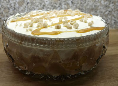 Peach and Salted Caramel Trifle in trifle bowl