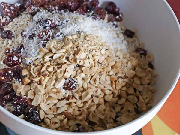 Oats, nuts and berries for the Cranberry and Sour Cherry Flapjacks 