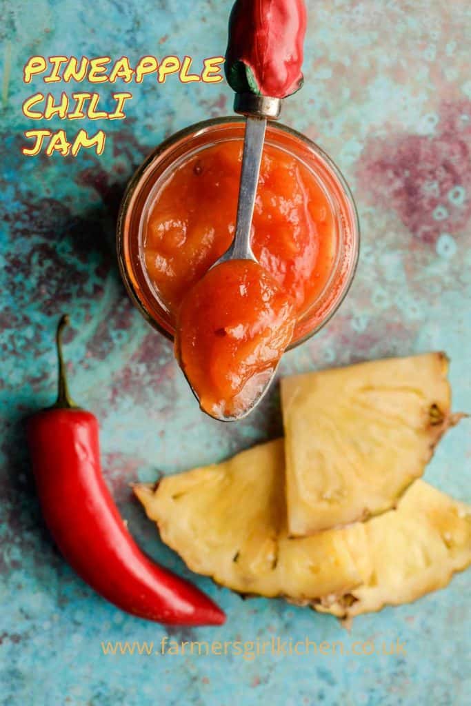 Jar of Pineapple Chilli Jam with spoon on top