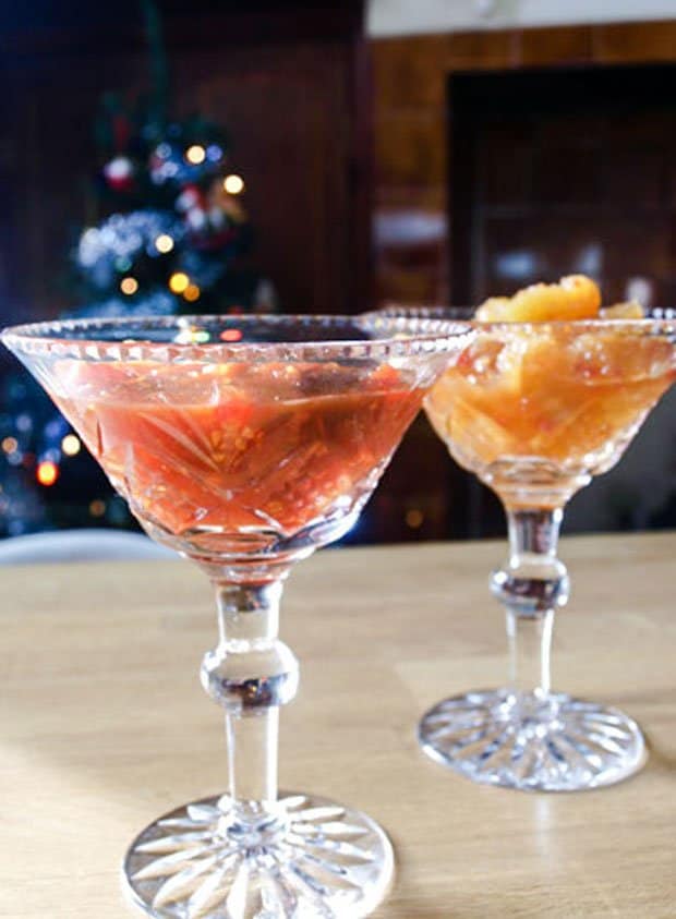 Glass Dishes of Pineapple and Tomato Chilli Jam for the holidays