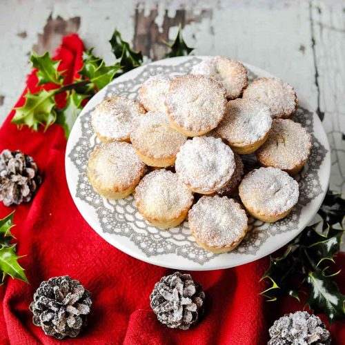 mini mine pies on plate with pine cones