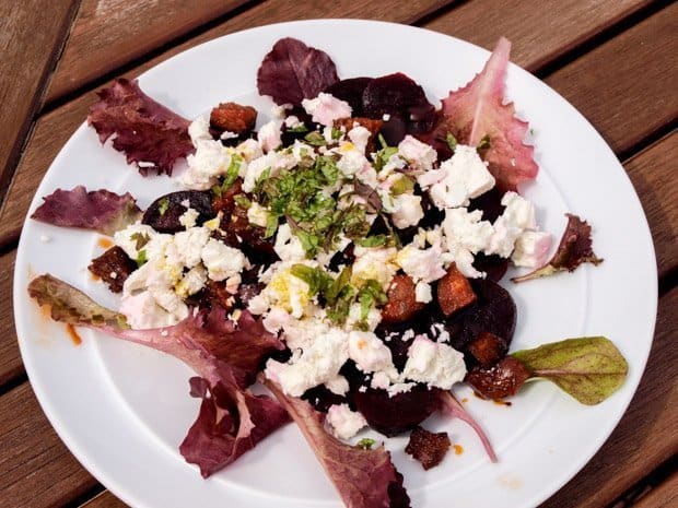 A main course salad of Beetroot with Chorizo, Feta and Mint Salad