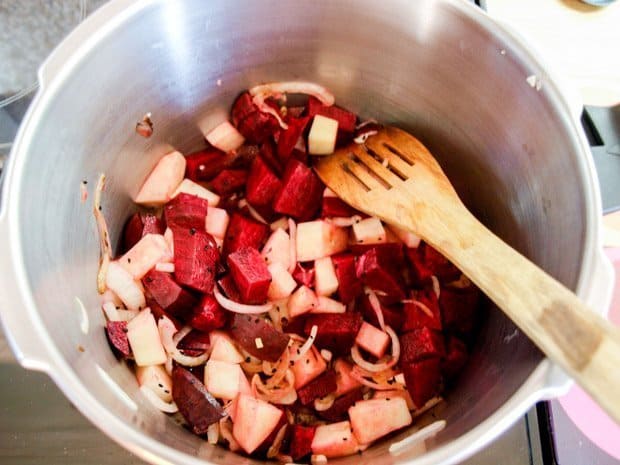 All the ingredients in the soup pot for Beetroot and Black Cumin Soup