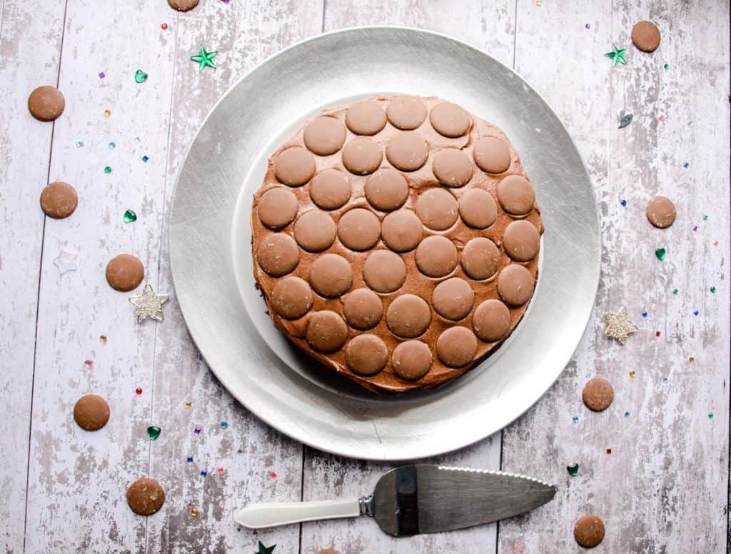 Top down view of chocolate button cake