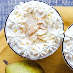 Jamaica Ginger Cake & Pear Trifles decorated with flaked almonds