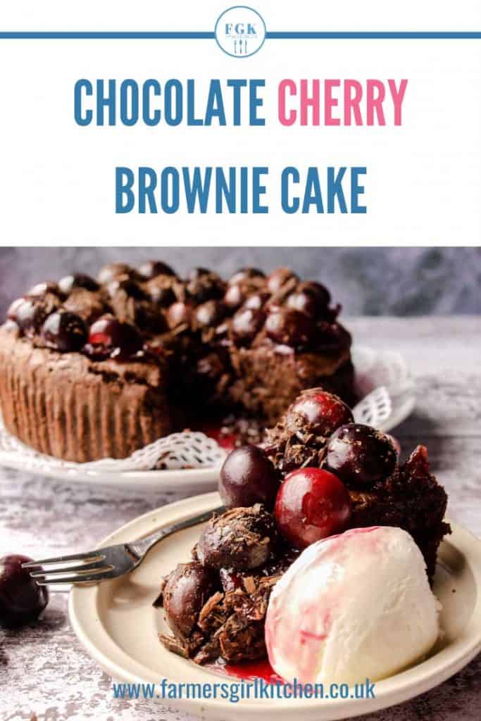 Chocolate Cherry Brownie Cake and slice with ice cream