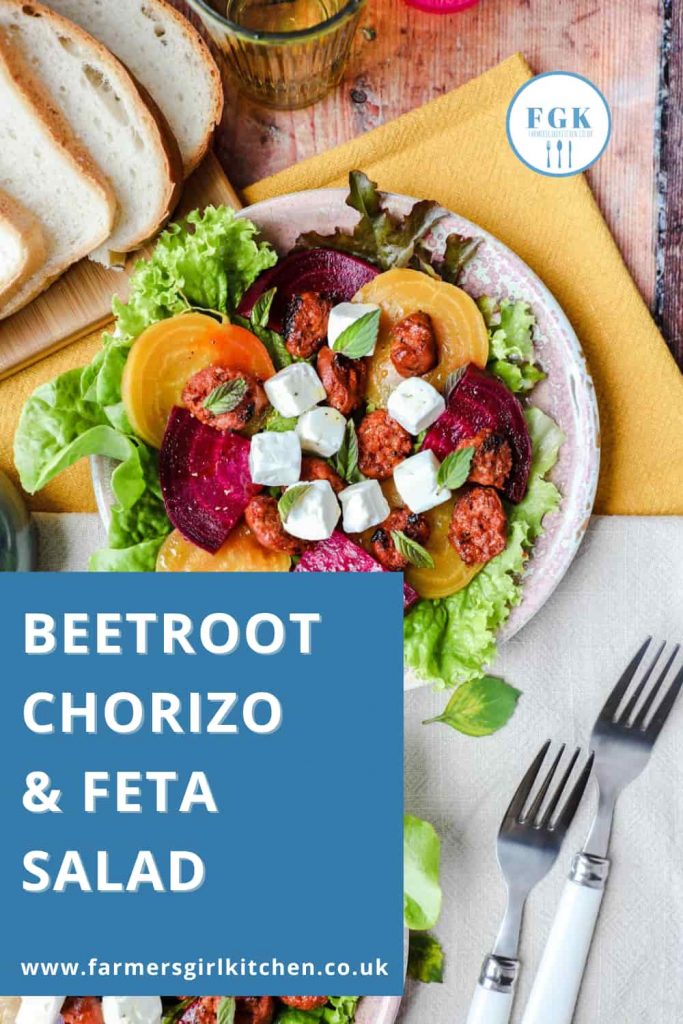 Beetroot Chorizo & Feta Salad with bread and forks