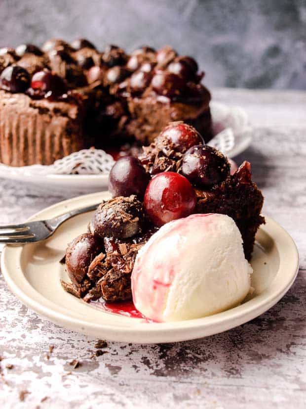 Chocolate Cherry Brownie Cake with ice cream 