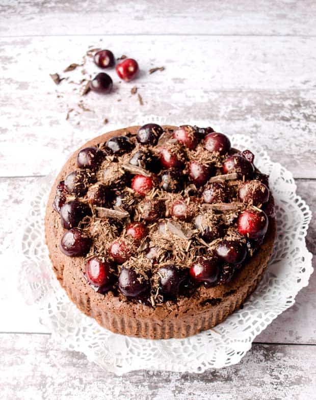 Chocolate Cherry Brownie Cake with cherries 