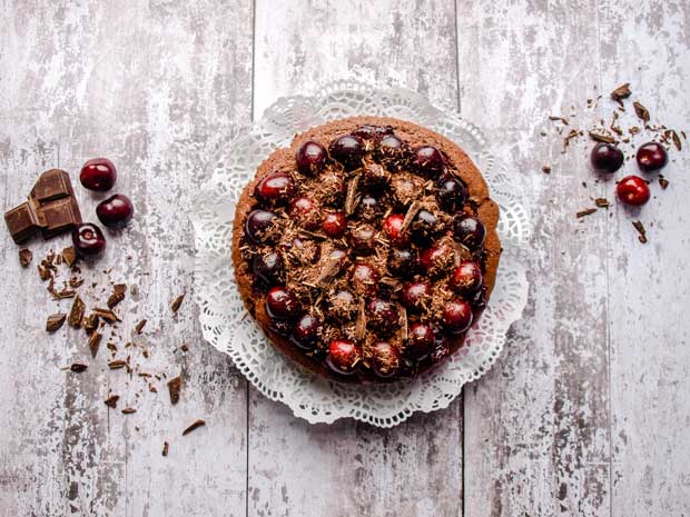 Whole Chocolate Cherry Brownie Cake from above