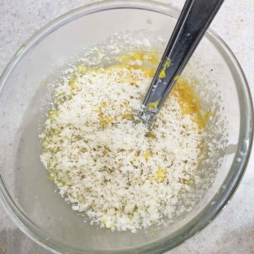 Bowl with cream, egg and breadcrumbs