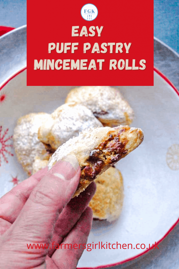 Puff Pastry Mincemeat Rolls in bowl, one held in hand