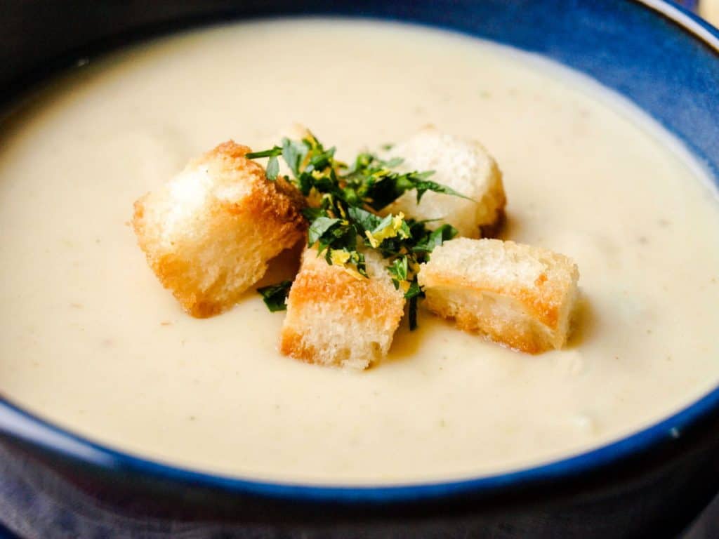 Close up of soup with croutons