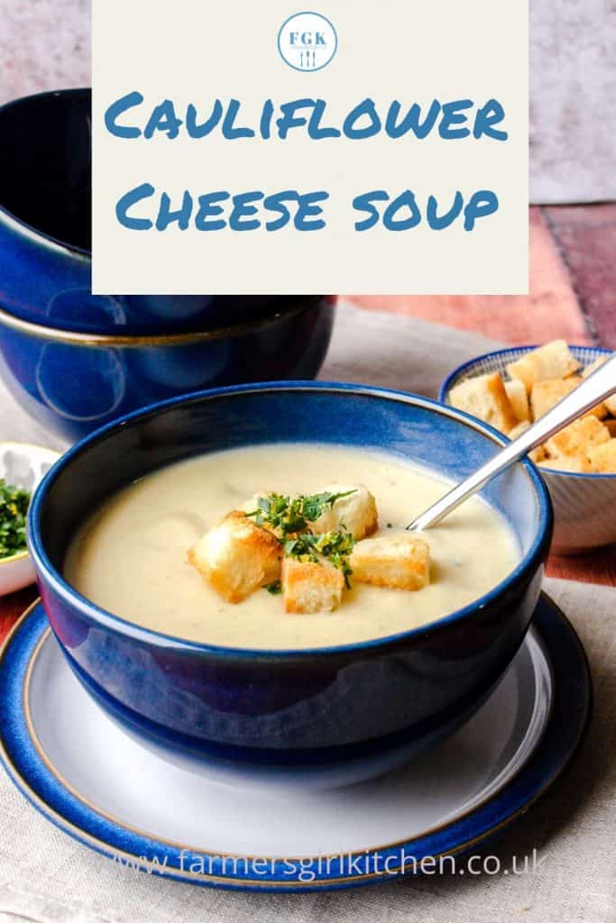 Cauliflower Cheese Soup in bowl with croutons