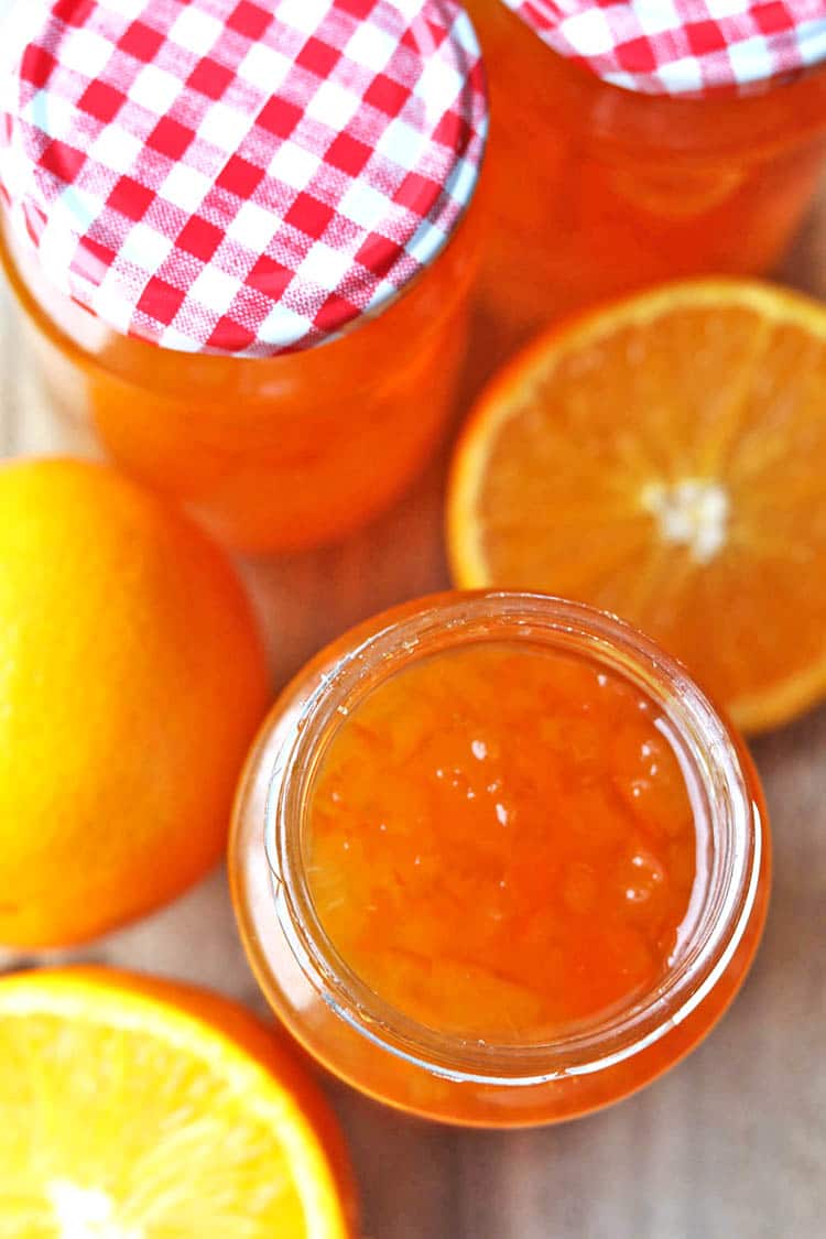 seville orange marmalade in jars from above.