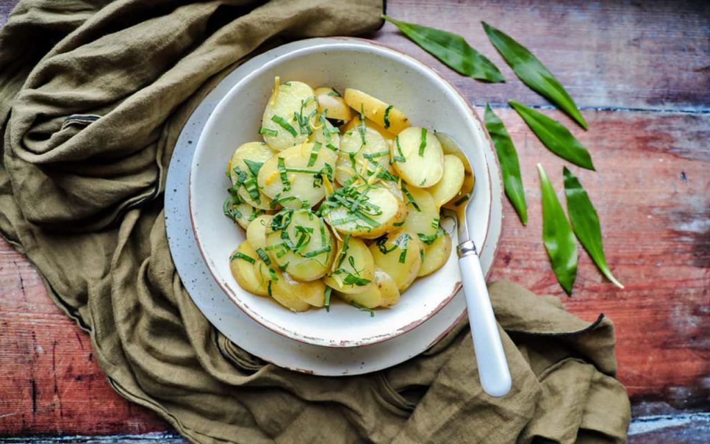 New Potatoes with Wild Garlic & Lemon Dressing in bowl 