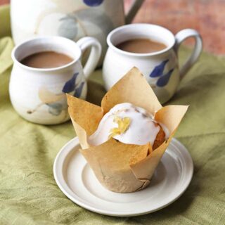 Rhubarb and Ginger Muffin with coffee cups
