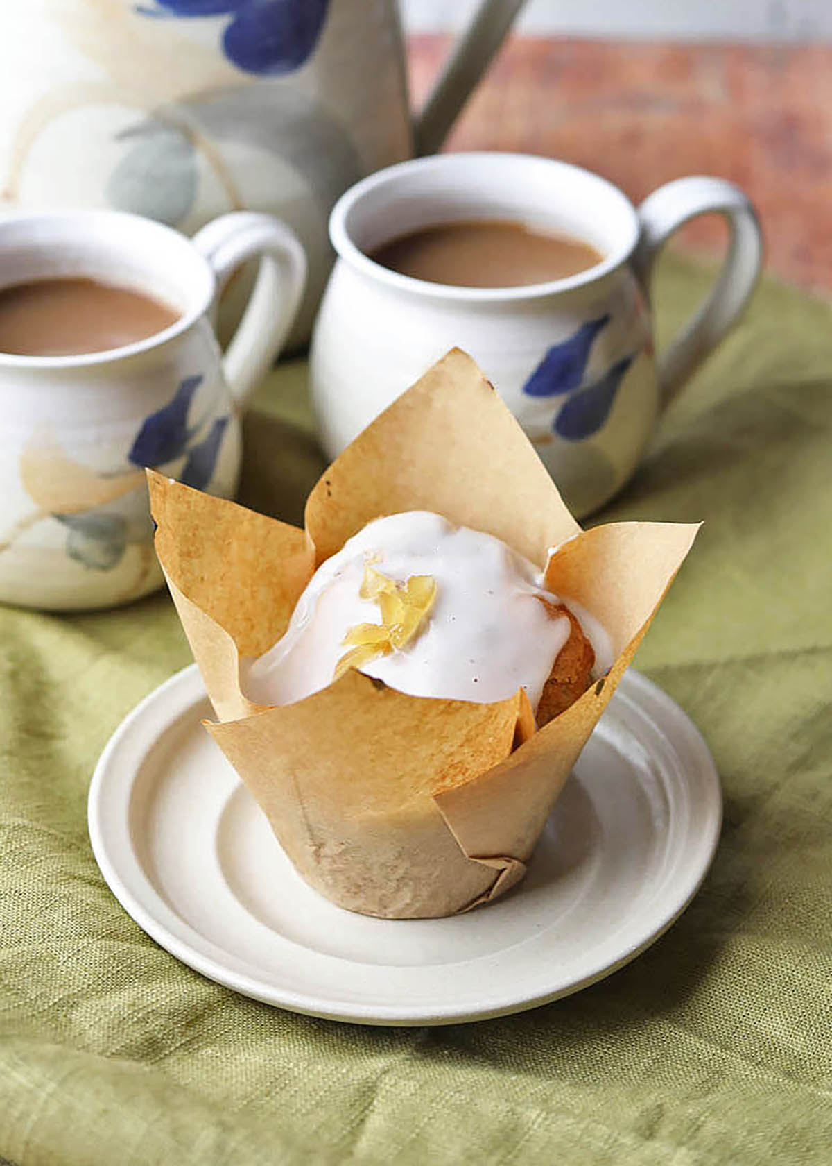 Rhubarb and Ginger Muffin with coffee pot and cups