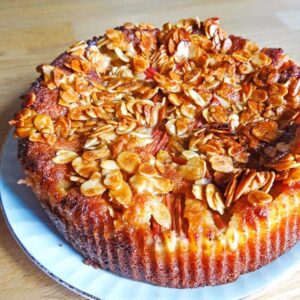 rhubarb and almond cake with white chocolate.