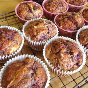 tray of blackcurrant swirl muffins