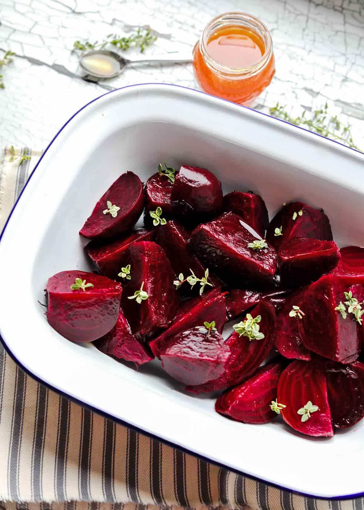 Roast Beetroot in dish with thyme