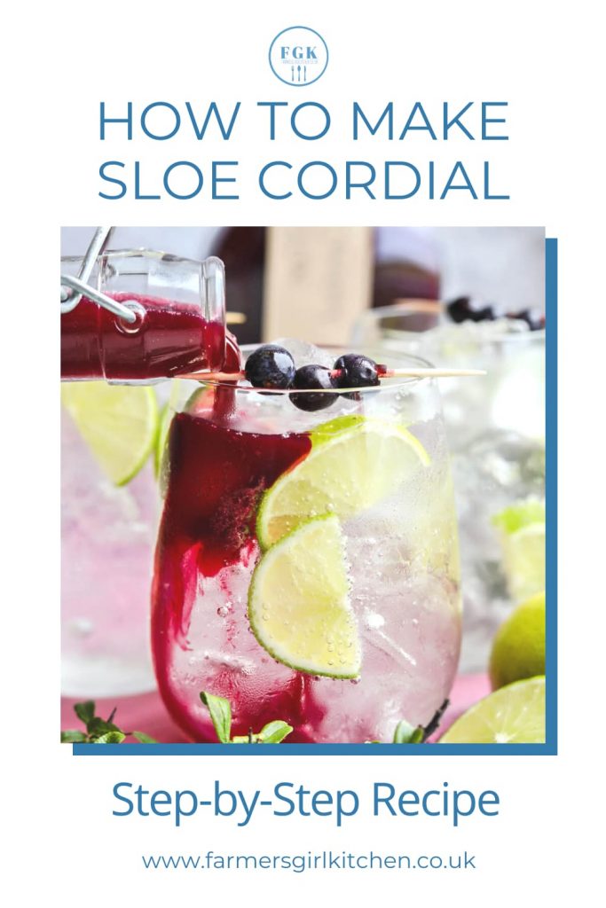 Sloe Cordial poured into glass with ice and lime slices