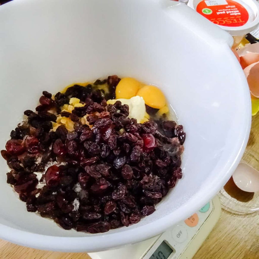 White bowl full of dried fruit for Last Minute Christmas Cake