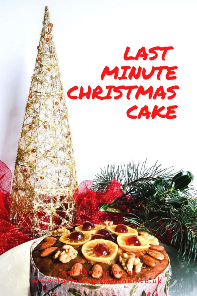 Fruit Cake and Christmas decorations - text reads Last Minute Christmas Cake