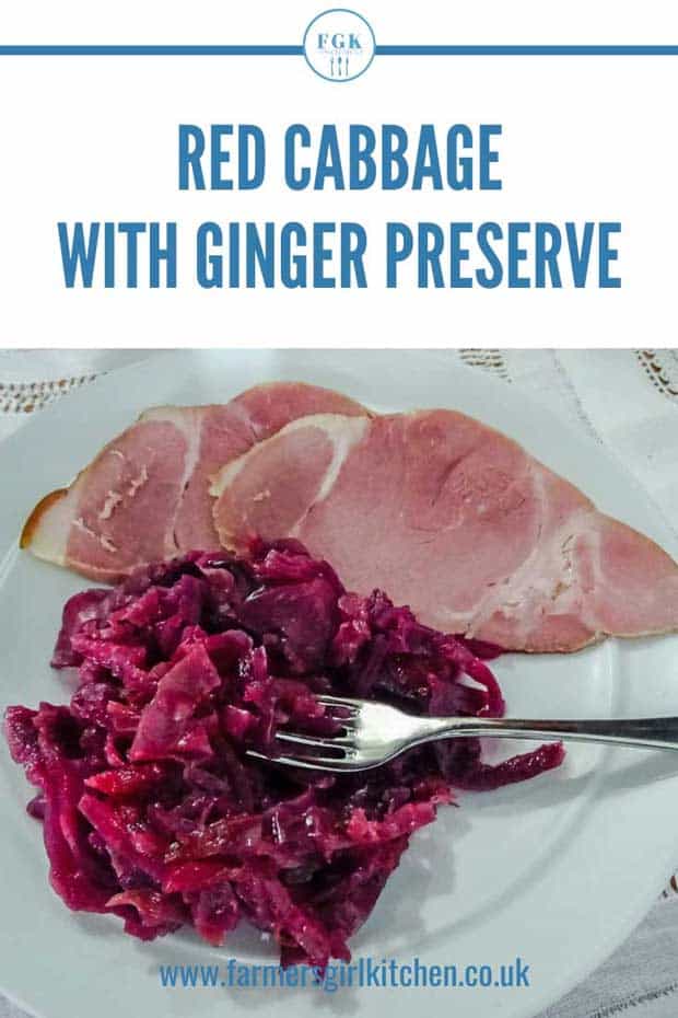 Red Cabbage with ginger preserve onplate with slic of ham