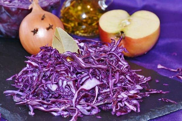 Chopped red cabbage onion and apple.