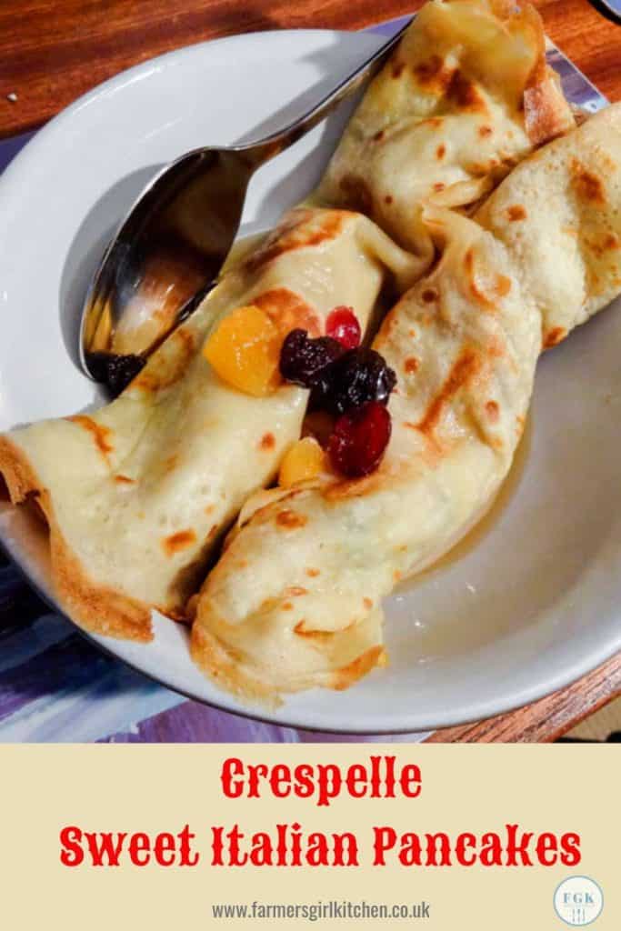 Crespelle Sweet Italian Pancake Recipe. Sweet crepe-style pancakes filled with dried fruit in syrup, a simple treat for Mardi Gras or Shrove Tuesday #pancakes #crespelle #mardigras #shrovetuesday #pancakeday #dessert