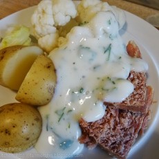 Slow Cooker Ham in Ginger Beer with new potatoes, cauliflower and parsley sauce