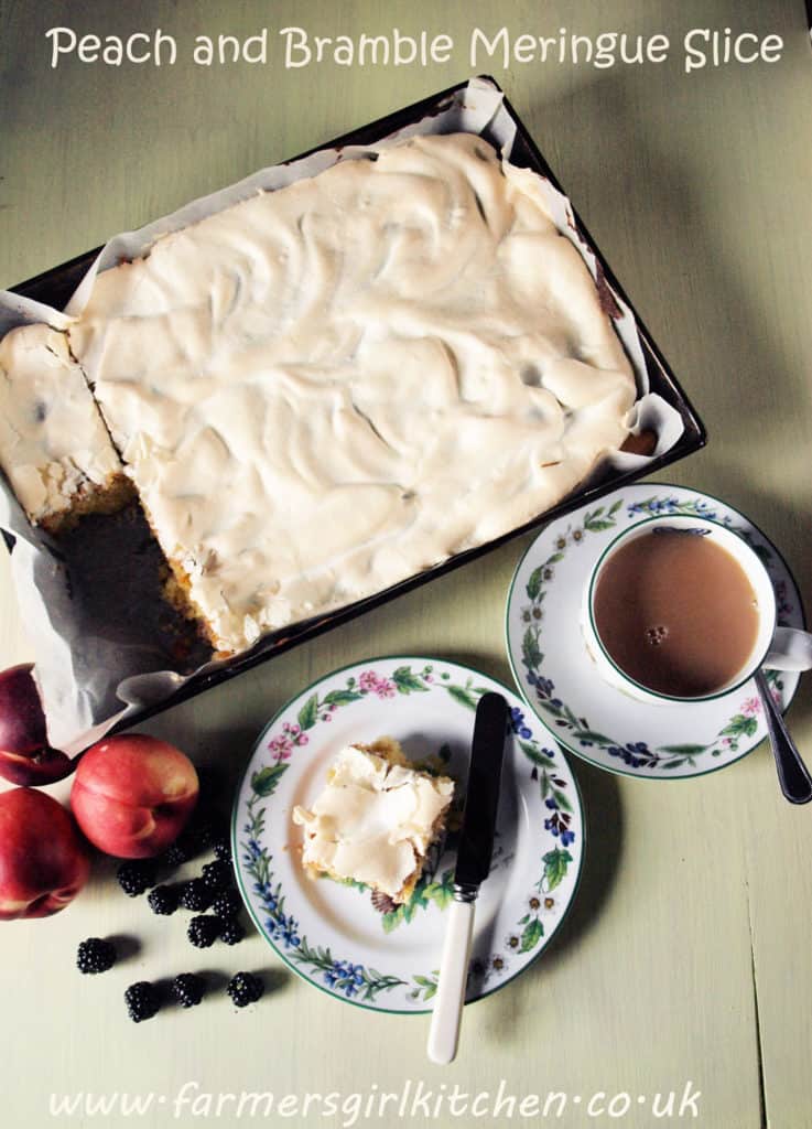 Peach and Bramble Meringue Slice, a tray bake with seasonal fruit Peach and Bramble Meringue Slice, a seasonal cake with fruit