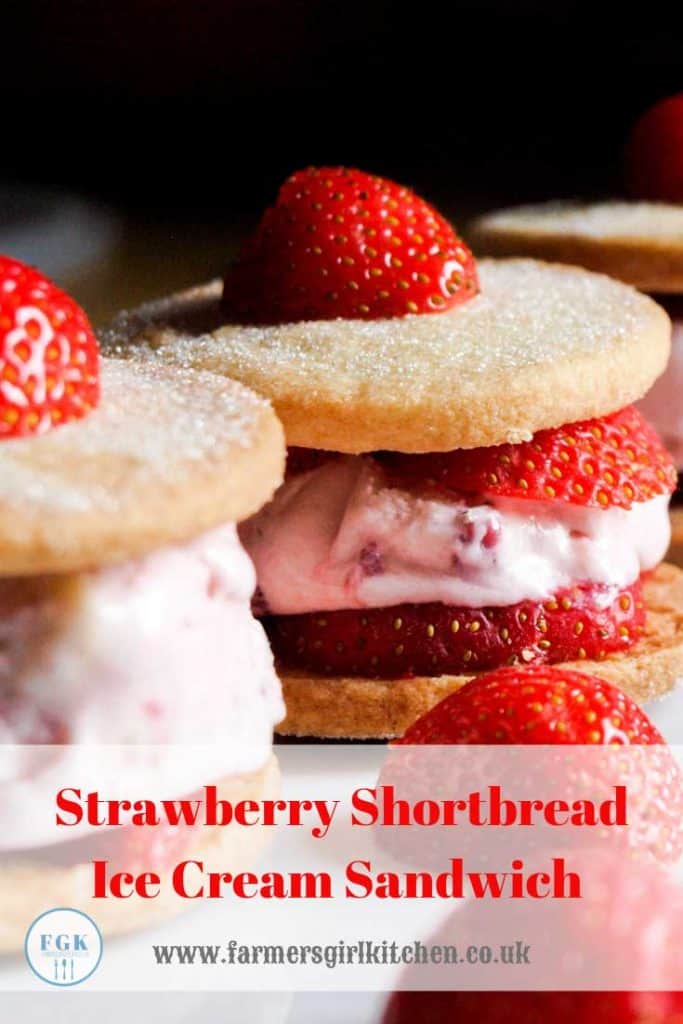 Cool creamy strawberry ice cream sandwiched between two buttery shortbread cookies with added fresh strawberries #strawberry #shortbread #cookie #ice cream