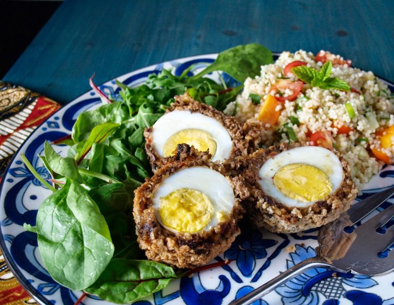 Vegetarian Haggis Scotch Eggs with salad