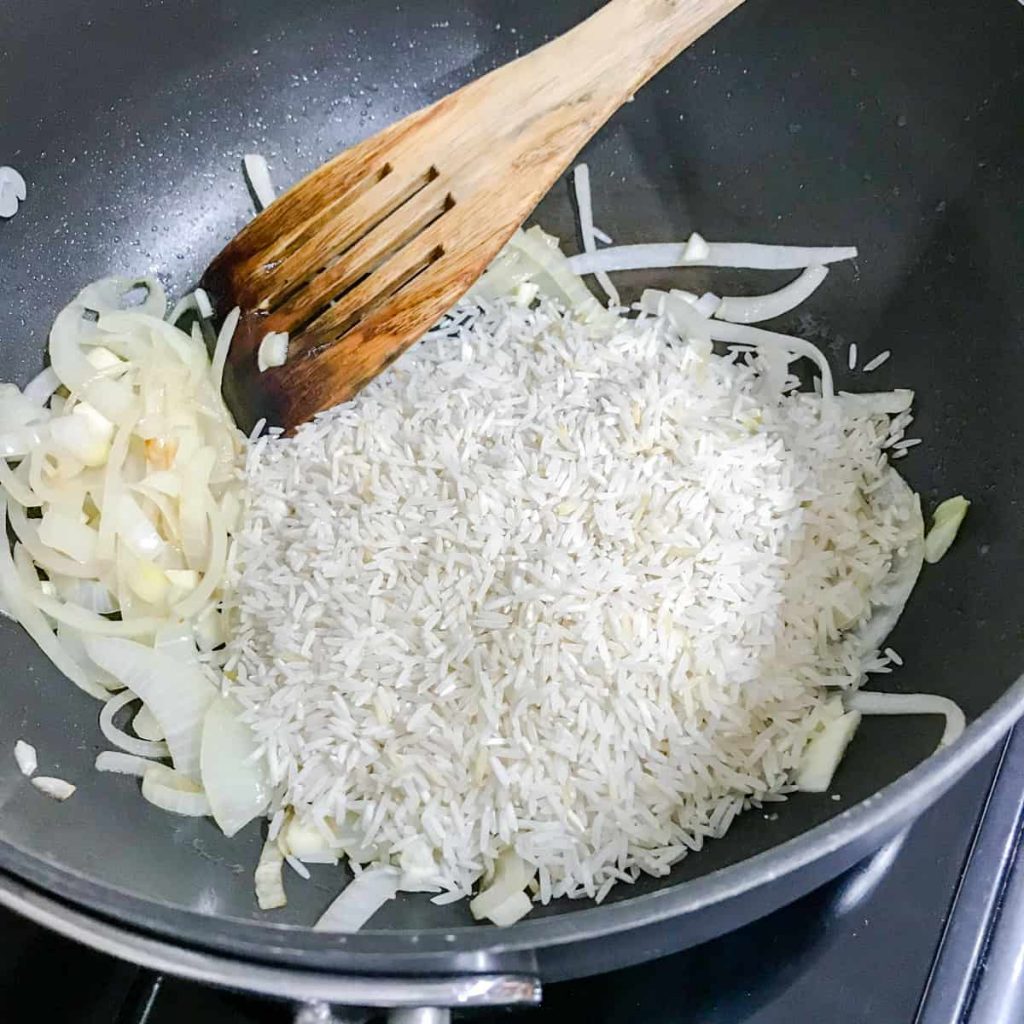 Easy Smoked Mackerel Kedgeree -add the rice to the pan 
