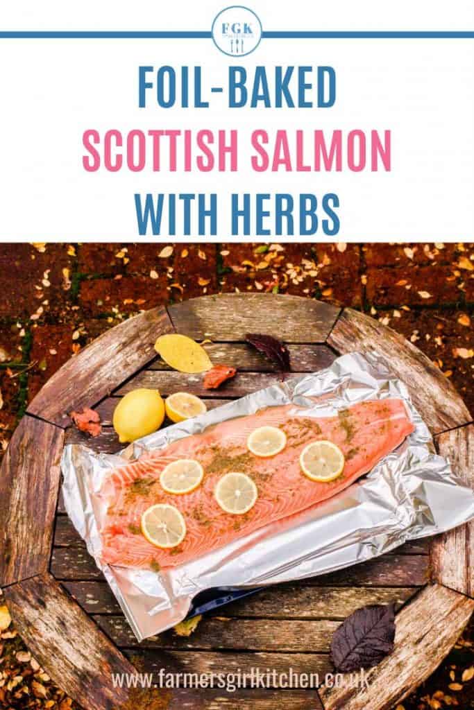 Foil Baked Scottish Salmon on table with lemons