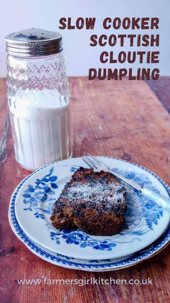 Slice of steamed fruit pudding on plate with sugar shaker