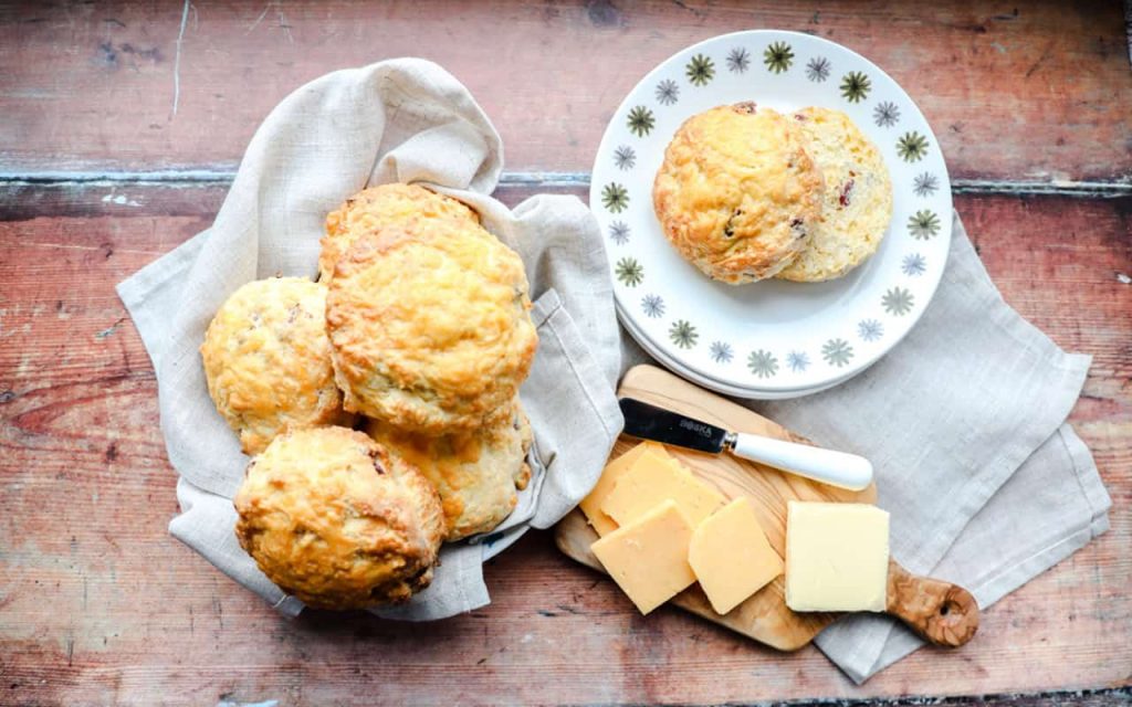 Bacon Cheddar Scones with butter and cheese