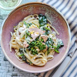 Creamy Trout and Spinach Pasta in bowl