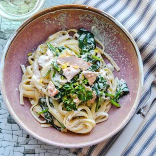 Creamy Trout and Spinach Pasta in bowl