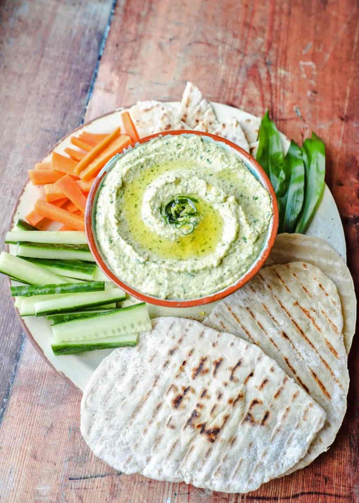 Wild Garlic hummus with bread and dips