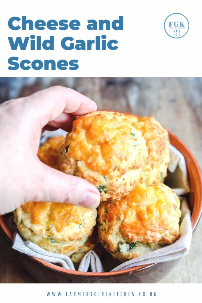 Cheese and Wild Garlic Scones in a basket hand reaching