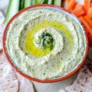 Easy Wild Garlic Hummus in bowl with olive oil