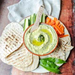 Wild Garlic Hummus with bread and dips
